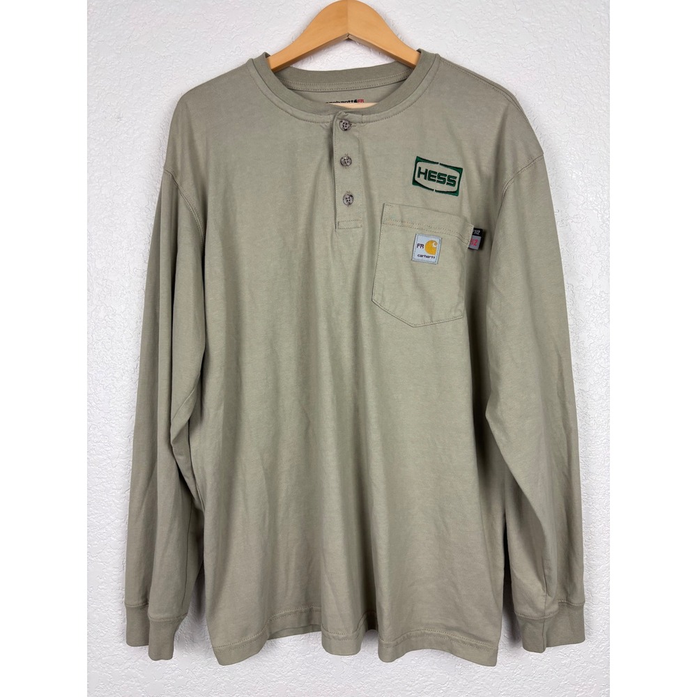 Carhartt FR Loose Fit‎ Henley Shirt Mens Sz Large Tan Hess Logo Long Sleeve
